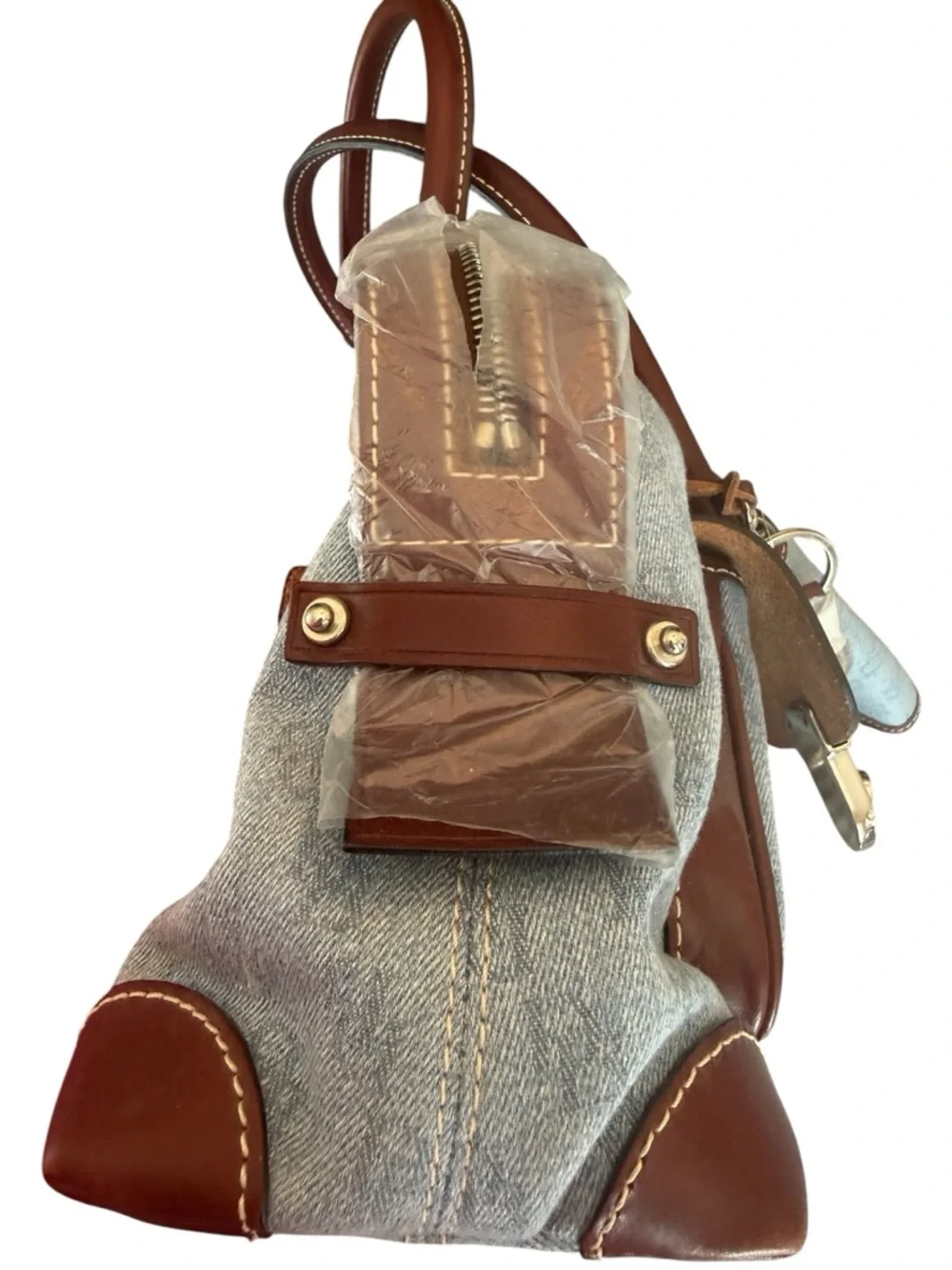 Dooney & Bourke NWT Double Pocket Tote Blue Denim and Brown Leather Bag